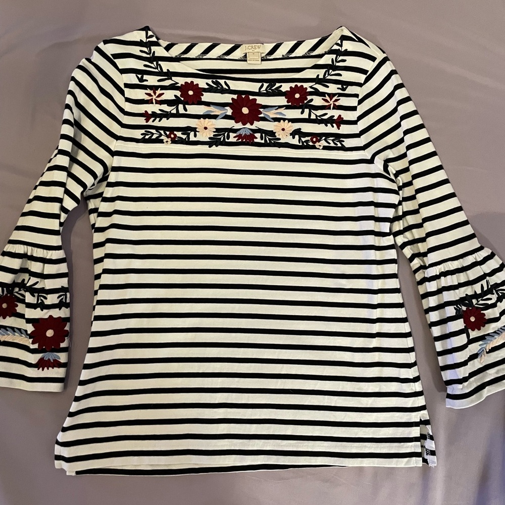 J. Crew Black and White Striped Top with Floral Embroidery and Bell Sleeves